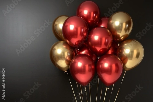 Fototapeta A group of metallic red and gold balloons with a glossy finish, hovering against a solid black background, their surfaces reflecting light vividly,