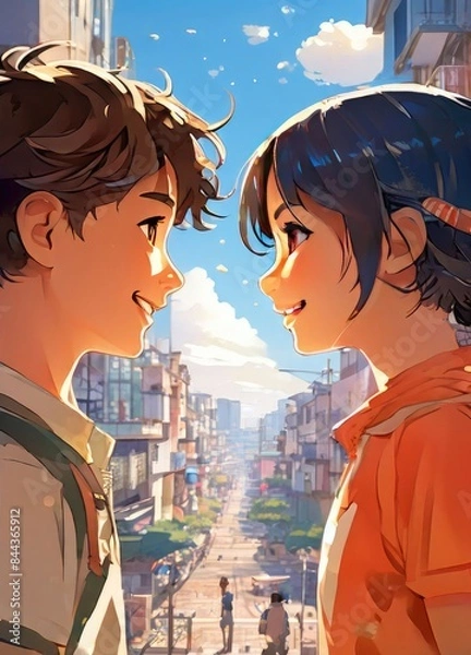 Fototapeta an Indian boy and girl discussing with each other while smiling kindly in a city with anime and cartoon style