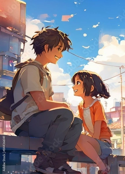 Fototapeta an Indian boy and girl discussing with each other while smiling kindly in a city with anime and cartoon style