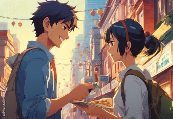 Fototapeta an Indian boy and girl discussing with each other while smiling kindly in a city with anime and cartoon style