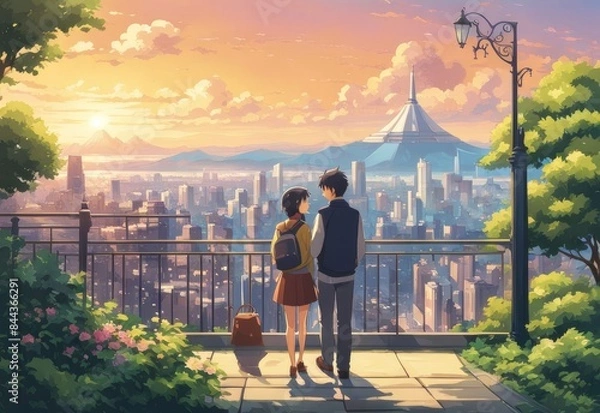 Fototapeta an Indian boy and girl discussing with each other while smiling kindly in a city with anime and cartoon style