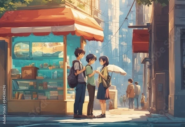 Fototapeta an Indian boy and girl discussing with each other while smiling kindly in a city with anime and cartoon style