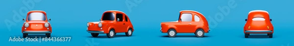 Fototapeta Small, red, cartoon car on blue background from 4 different points of view