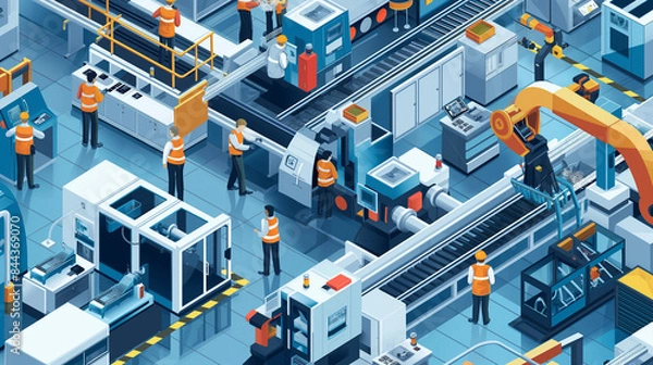 Fototapeta Isometric smart industrial factory, concept of automatic robot assembly in factory automatic system and factory engineer workers Illustration of production technology
