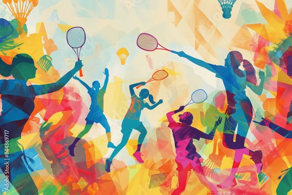 Fototapeta Abstract colorful illustration of badminton players. Ai generative art