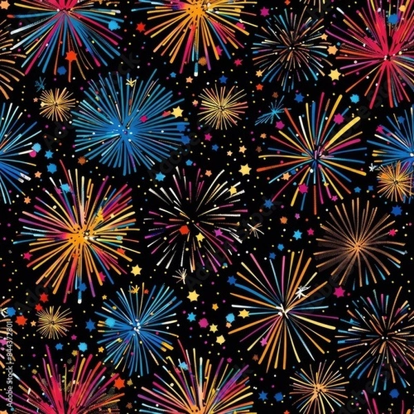 Fototapeta Create a seamless background of fireworks and confetti, designed to tile perfectly without visible seams, a seamless pattern