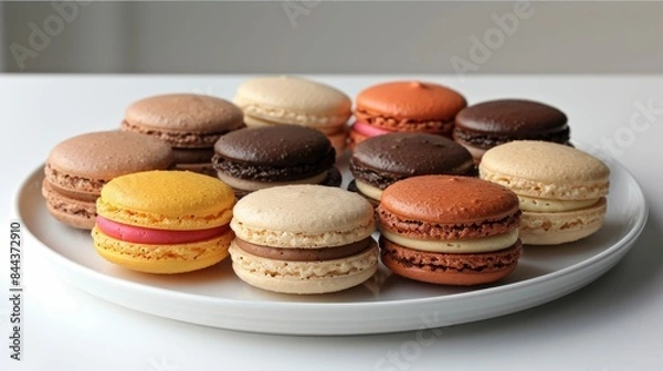 Fototapeta Macarons: A colorful assortment of macarons in various flavors arranged neatly on a white plate. 