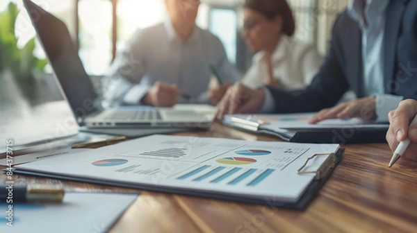 Fototapeta Blurred image, talented team of people having business meeting and discussing strategy with financial analysis process, business people planning marketing with documents in office, teamwork