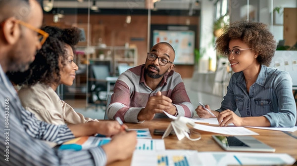Fototapeta A talented team holds business meetings and discusses strategy with the project's financial analysis process. Businessman planning marketing plan with documents in office, teamwork