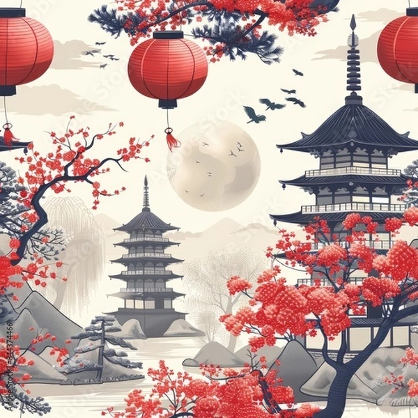 Fototapeta Design a seamless background with traditional Japanese lanterns and temples, suitable for use as a repeating pattern, a seamless pattern