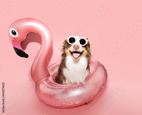Obraz Portrait summer Australian Shepherd dog  puppy going on vacations inside a flamingo float. Isolated on Pink pastel color solid background