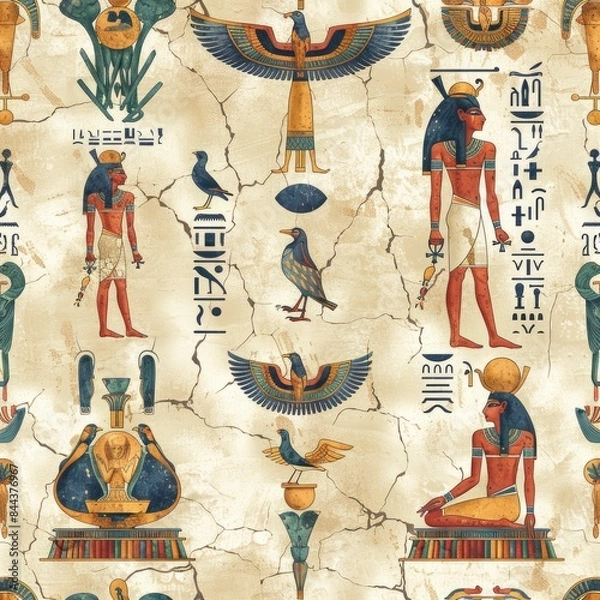 Fototapeta Design a seamless background with Egyptian tomb paintings and wall art, suitable for use as a repeating pattern, a seamless pattern