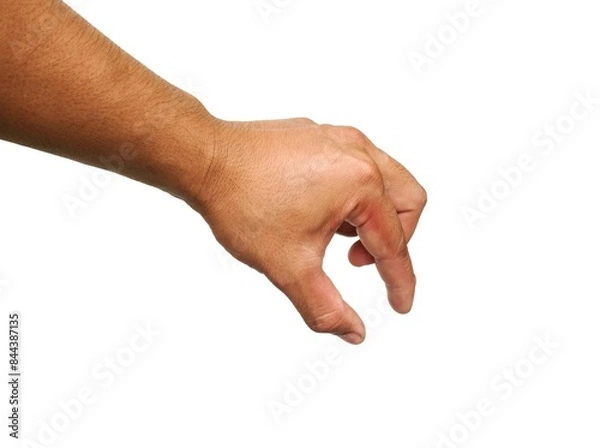 Fototapeta A man's hand Pretend to hold a coin in your hand. And I'm about to put a coin into something. Isolated on white background. business idea.