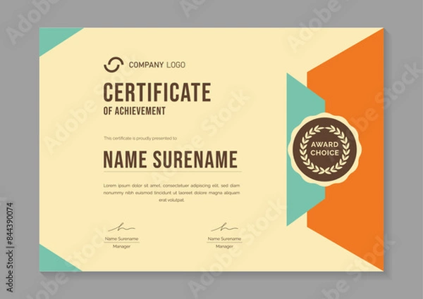 Fototapeta modern yellow certificate design template. certificate of appreciation with gold badge