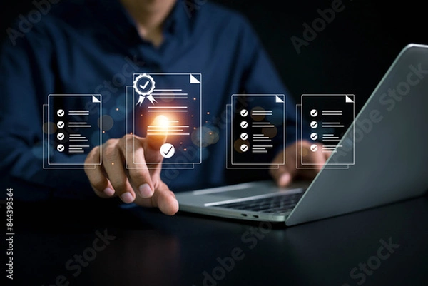 Fototapeta Business standard certificate concept. Businessman touch Certified business documents on virtual screen . service Quality assurance, Guarantee, ISO , Standards quality assurance .