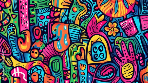 Fototapeta Expressive and Colorful Doodle Art Mural Pattern