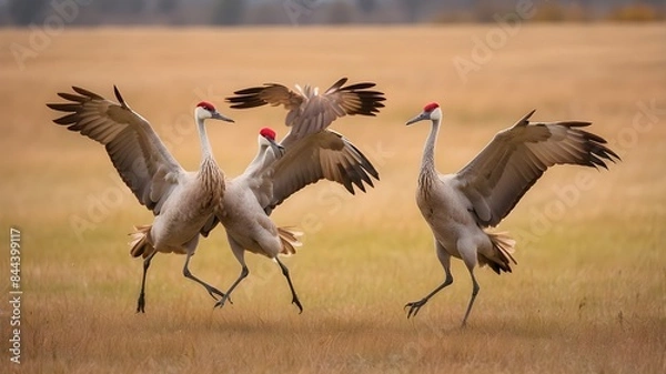 Obraz cranes in the savannahFighting sandhill cranes in midair in a field