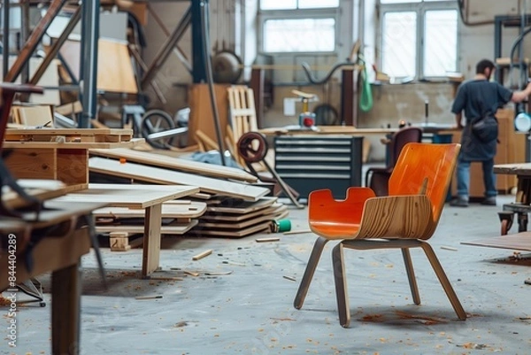 Fototapeta The process of manufacturing furniture from recycled materials. Concept of circular economy