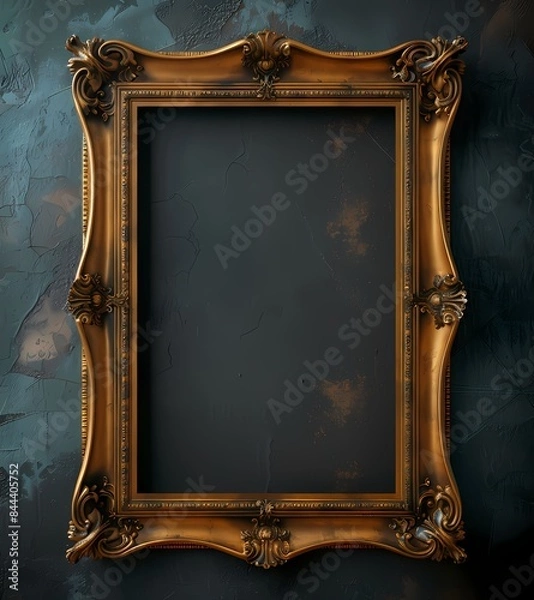 Fototapeta Mock up empty  picture painting frame border, on black background, gold wooden Louis luxury style