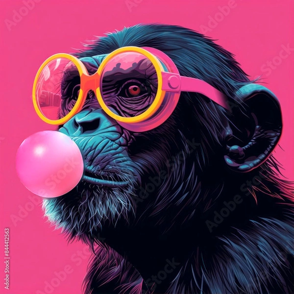 Fototapeta Meet the coolest chimp on the block. With neon-glow sunglasses and bubblegum