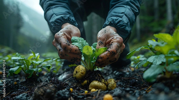 Fototapeta Mesolithic hunters gathering edible roots tubers from the forest floor captured with macro photography to showcase the details of the plants