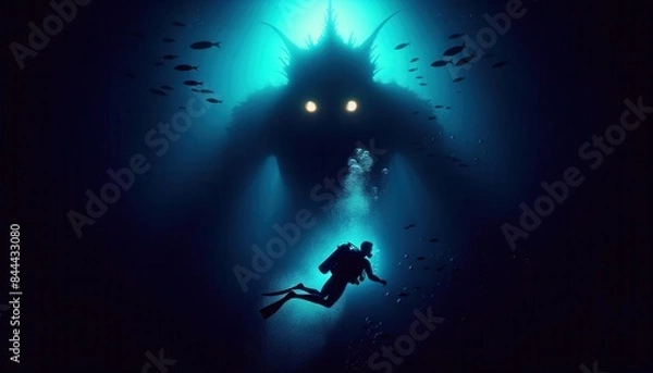 Fototapeta Scuba diver encounters glowing-eyed sea monster in the deep ocean, surrounded by fish and illuminated by mysterious blue light.