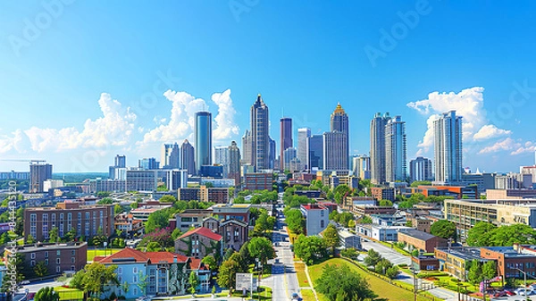 Fototapeta Attractive Downtown Atlanta Skyline showing several prominent buildings and hotels under a blue sky
