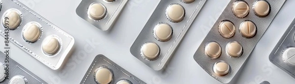 Fototapeta Rapamycin tablets on sleek display, modern packaging, clean white background, topdown angle, premium ad style