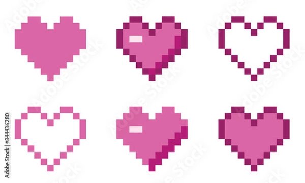 Fototapeta Set of pink pixel art heart icons. Vector 8-bit retro style illustration.