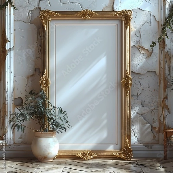 Obraz Mock up  golden Louis luxury vertical frame border for art, landscape wall art hanging in the living room with vintage minimal style wall , neutral color  background, wallpaper