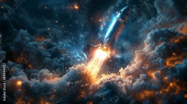 Fototapeta Rocket taking off from launch pad starry night sky with clouds business startup project, travel