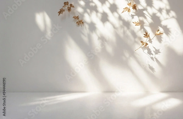 Obraz Minimalistic light background with blurred foliage shadow on a white wall. Beautiful background for presentation.
