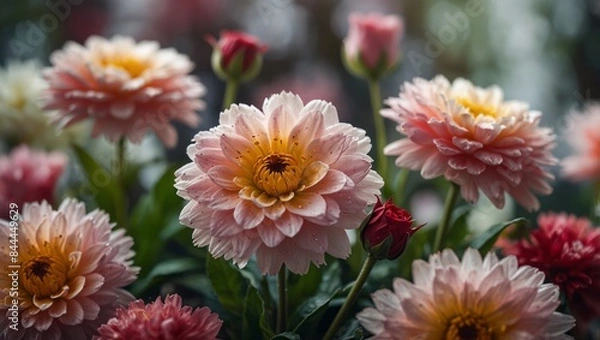 Fototapeta A bountiful bouquet of vibrant flowers adorning a serene white-pink backdrop.
