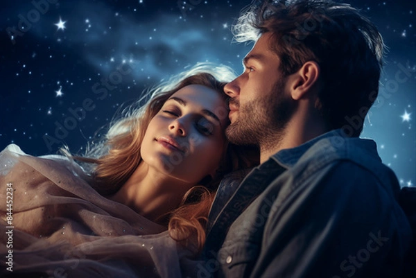 Fototapeta Generative AI portrait picture of happy young couple enjoying night romantic date