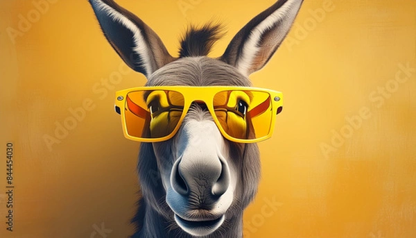 Fototapeta Donkey having yellow glasses in front of yellow wall