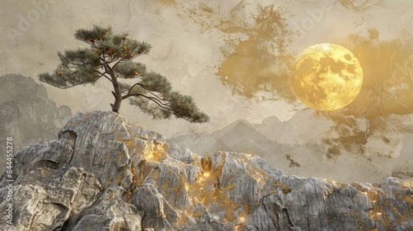 Fototapeta A painting of a tree with a gold moon in the sky