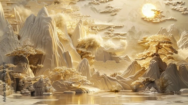 Fototapeta A painting of a tree with a gold moon in the sky