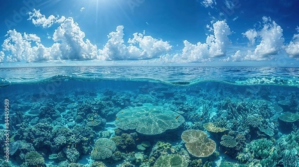 Obraz Blue ocean split view with coral reef and sky