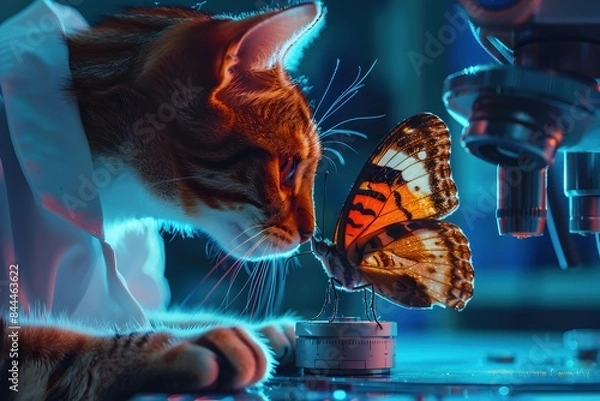 Fototapeta Curious Feline Scientist Intently Observing and Cataloguing Butterfly Specimen in Sleek Laboratory Setting with Advanced Research Instruments