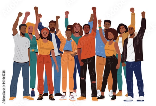 Fototapeta African American people stand together, each raising a clenched fist in the air, representing unity and solidarity. (Flat design illustration)