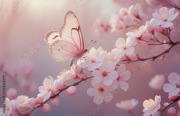 Fototapeta spring background with sakura flowers, pink cherry blossom, oil painting style, pastel background with butterflies and flowers