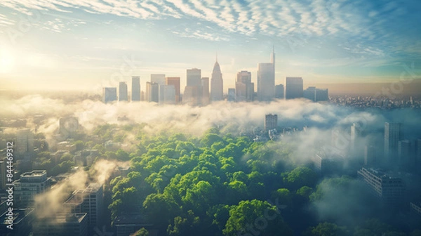Fototapeta Cityscape with forest and fog Climate change and Global warning concept