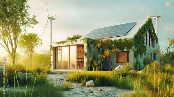 Fototapeta smart home. Solar-powered house, energy saving concept for getting free energy from the sun and wind turbines Eco-friendly concept