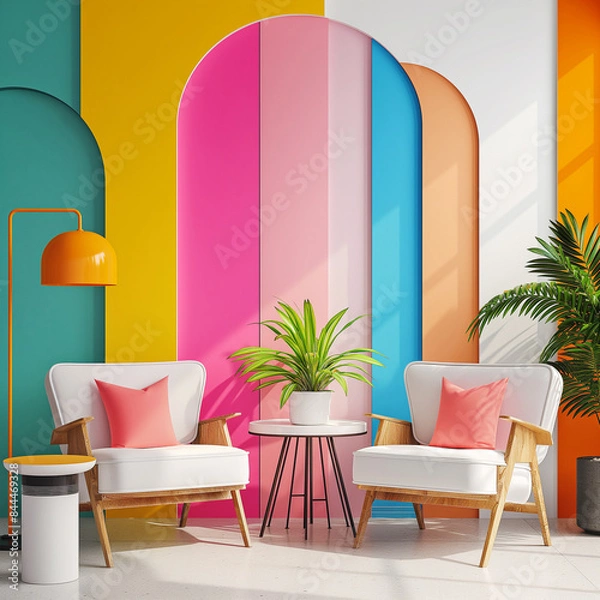 Fototapeta minimal Interior design multicolor vibrant retro striped background rainbow colorful wall
