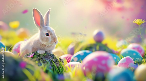 Fototapeta Rabbit with Fantasy colorful easter eggs in garden moning time Background Easter Festival concept