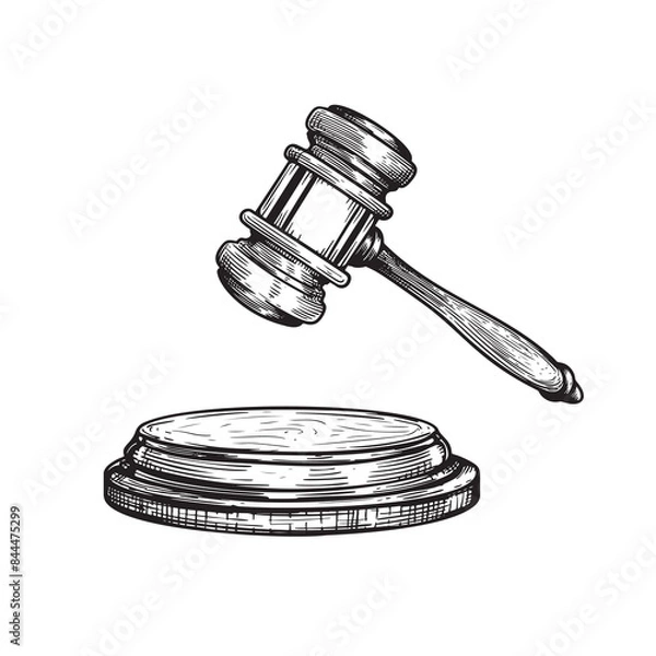 Fototapeta Gavel sketch drawing. Hand drawn hammer of judge or auctioneer. Vector illustration isolated on white background.