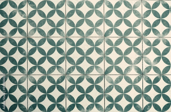 Obraz Vintage green and white geometric tiled floor with a worn effect