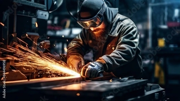 Fototapeta The person is working with metal using a tool that generates sparks. he is wearing protective clothing, including a hood and gloves, indicating that it may be welding or grinding.