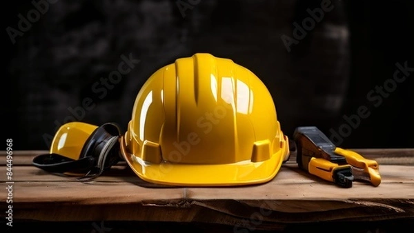 Fototapeta a yellow box that is commonly used as a safety helmet on construction sites. Next to the box are earphones for hearing protection and a digital multimeter, tools often used for safety and electrical m
