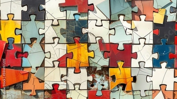 Fototapeta Colorful puzzle pieces of different shapes and sizes fit together to form a larger, more complete picture.